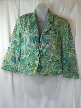 Worthington Teal Green Paisley Cropped Stretch Blazer 6 Office Hippie Summer